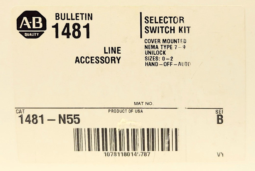 ALLEN BRADLEY 1481 N55 Size 0-2 HOA HAND OFF AUTO Selector Switch Kit Cover