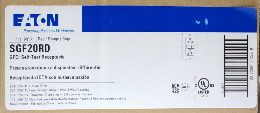BOX OF 10 EATON SGF20RD 20 AMP 125 VAC RED Hospital Grade GFCI Ground Fault Rece