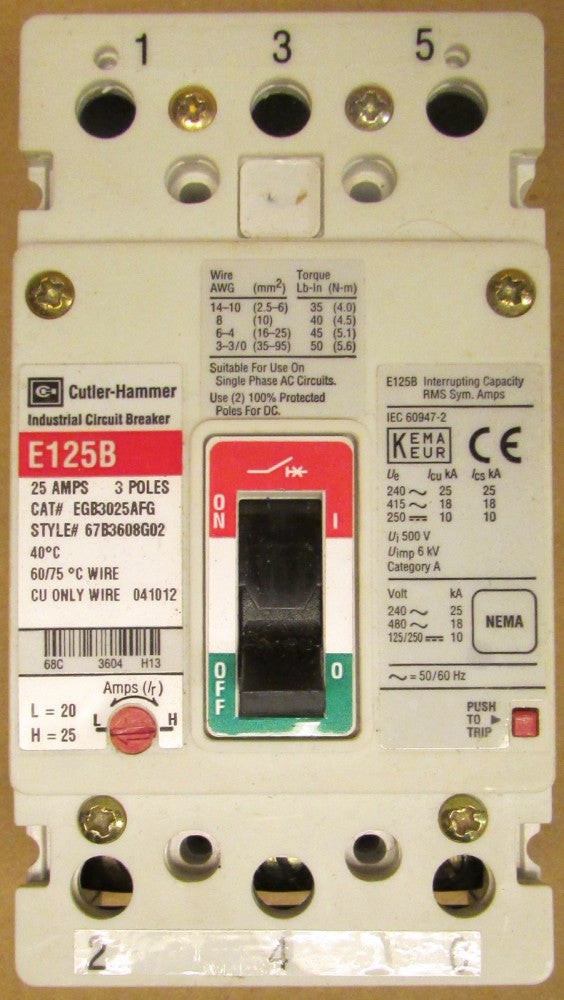 CUTLER HAMMER E125B Breaker 3 Pole 25 Amp  EGB3025AFG