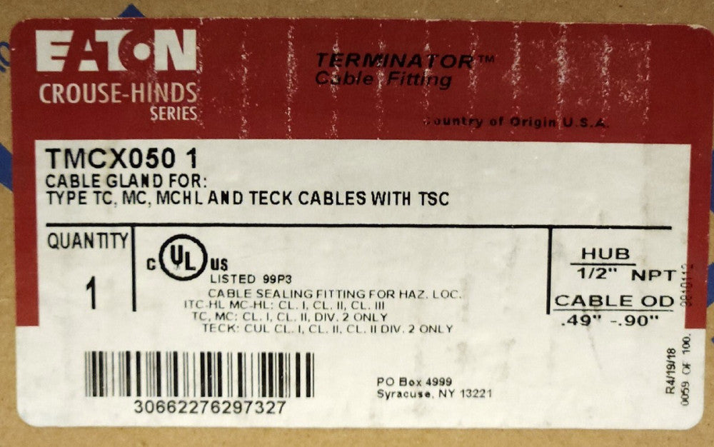 EATON CROUSE HINDS TMCX0501 TERMINATOR Cable Fitting Type TC MC MCHL 1.2" NPT