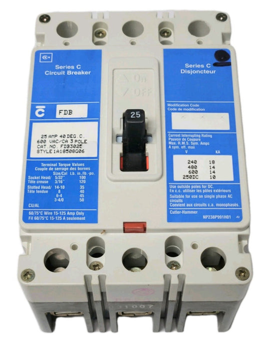EATON CUTLER HAMMER FDB3025 3 Pole 25 AMP Type FDB Circuit Breaker French Canadi
