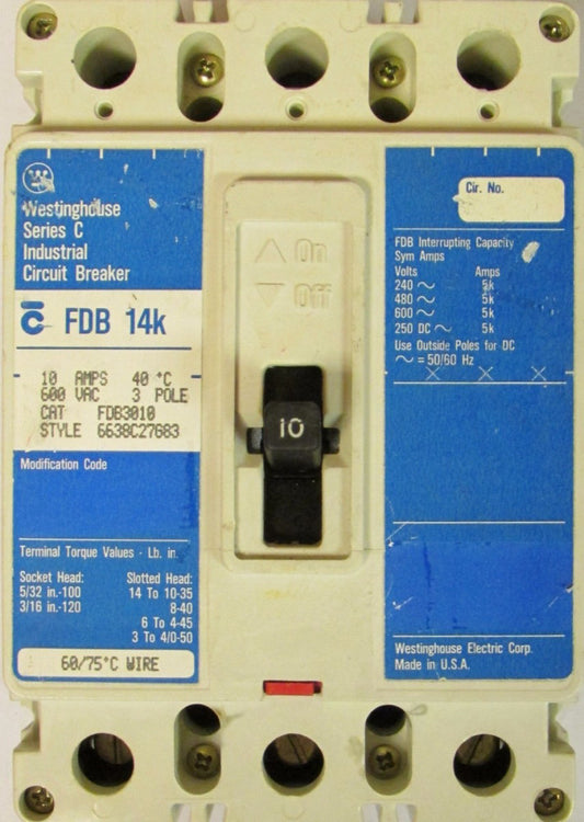 WESTINGHOUSE Type FDB Circuit Breaker 3 Pole 10 Amp FDB3010