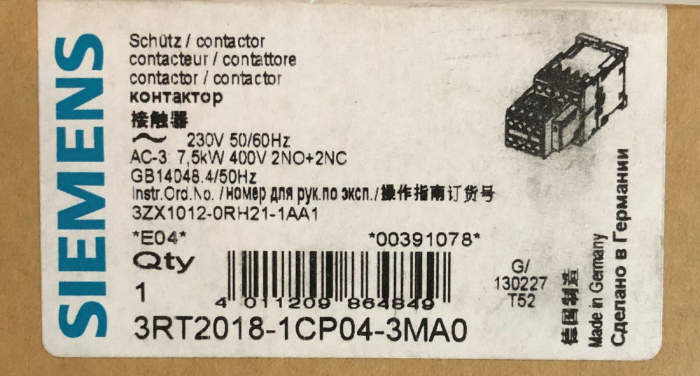 SIEMENS 3RT2018 1CP04 3MA0 SIRIUS 230V S00 16 Amp Contactor 