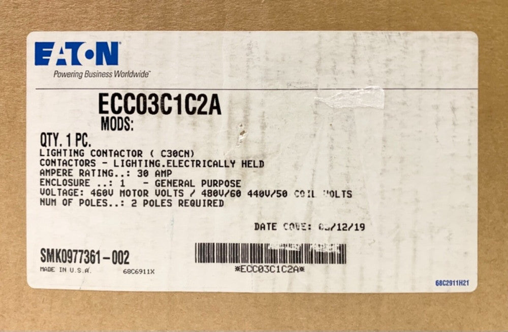 EATON CUTLER HAMMER ECC03C1C2A 460 VAC 30 AMP Lighting Contactor 2 Pole 1 Nema