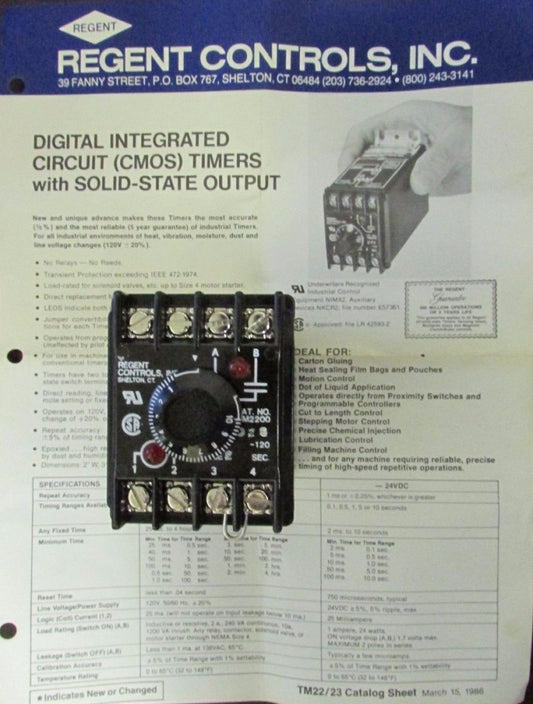 Regent Controls TM2200 D25 120 Solid State 120V 2 Skunde Timing Relay