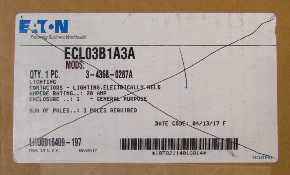 EATON CUTLER HAMMER ECL03B1A3A Lighting Contactor Electrically Held Nema 1 Enclo