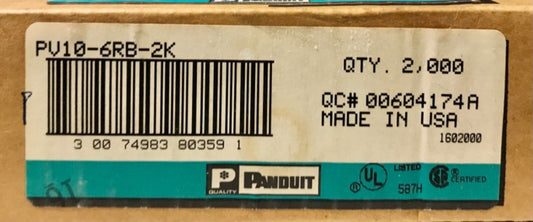 SEALED BOX OF 2000 PANDUIT PV10 6RB 2K Yellow Vinyl Insulated D Ring Terminal