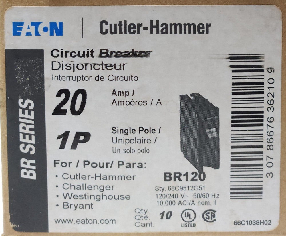 BOX OF 6 EATON CUTLER HAMMER BR120 Single Pole 20 AMP Type BR Circuit Breaker