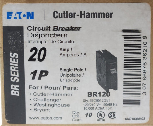 BOX OF 6 EATON CUTLER HAMMER BR120 Single Pole 20 AMP Type BR Circuit Breaker