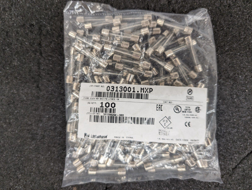 New, Littelfuse, 0313001.MXP, FUSE GLASS 1A 250VAC 3AB 3AG - Lot of 100pcs