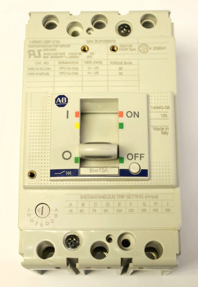 ALLEN BRADLEY 140MG G8P C15 3 Pole 15 AMP Type 140MG-G8 Magnetic Motor Circuit