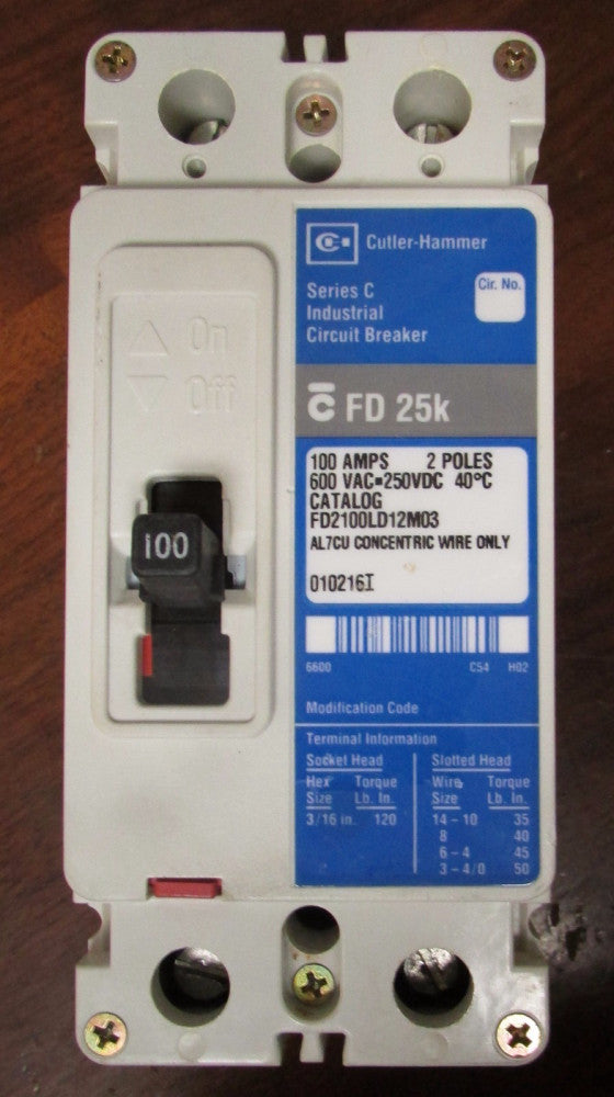CUTLER HAMMER FD2100 LD12 M03 FD Breaker 2 Pole 100 Amp FD2100L 