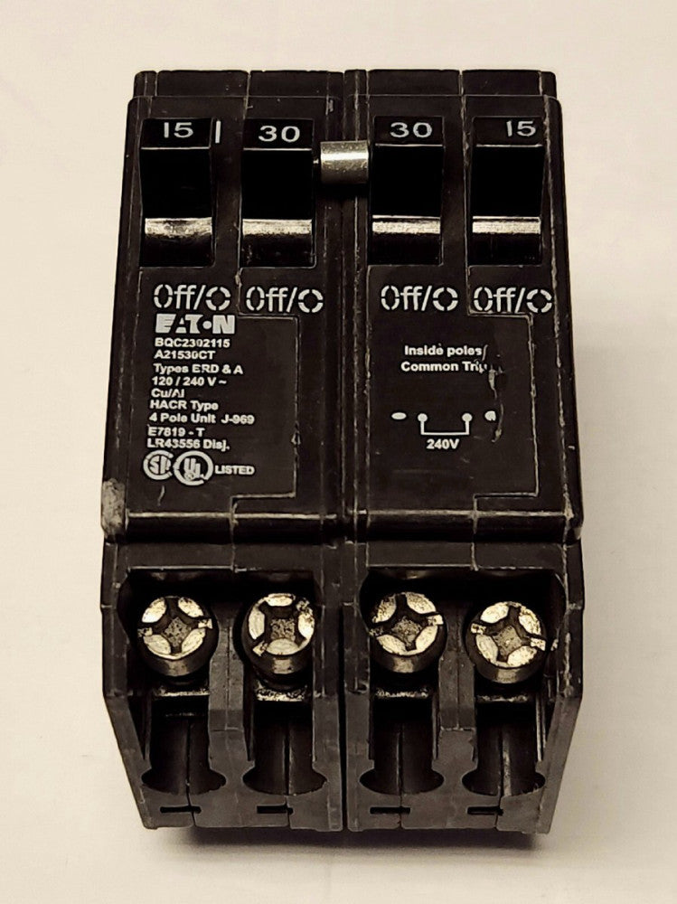 EATON BQC2302115 2 Pole 30 AMP Double Single Pole 15 AMP Type BRD Quadplex
