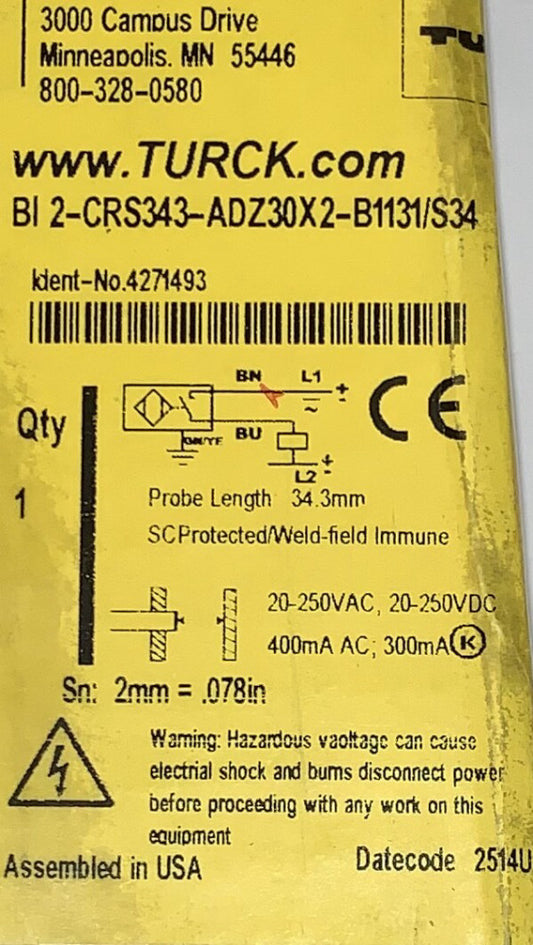 TURCK BI 2 CRS343 ADZ30X2 B1131 S34 Probe Head Proximity Sensor 34.3mm 20-250 