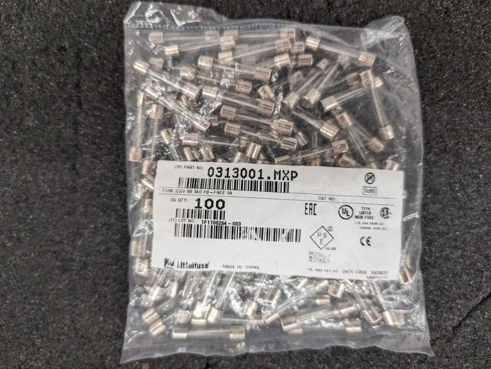 New, Littelfuse, 0313001.MXP, FUSE GLASS 1A 250VAC 3AB 3AG - Lot of 100pcs