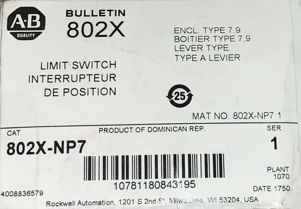 ALLEN BRADLEY 802X NP7 Type 7 Type 9 Lever Type Hazardous Location Limit Switch