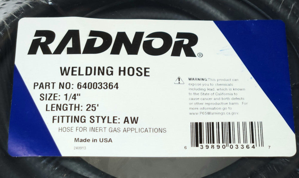 RADNOR 64003364 Welding Hose Size 1/4" Length 25' AW Fitting 25 Foot