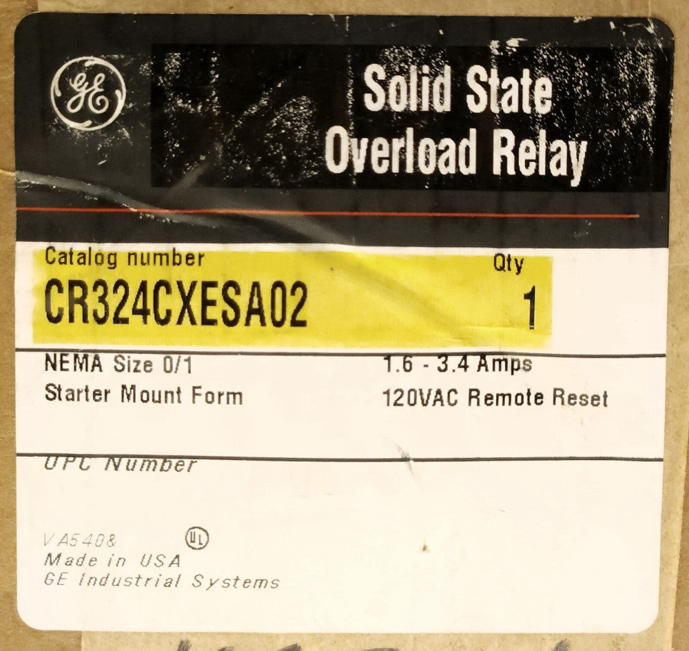 GENERAL ELECTRIC CR324CXESA02 Solid State Overload Relay 1.6-3.4 AMP 120 VAC