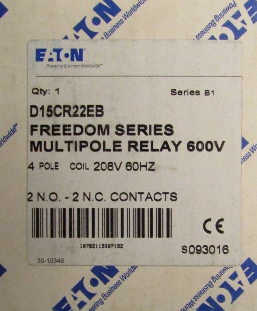 EATON CUTLER HAMMER D15CR22EB 4 Pole 208V Coil Multi Pole 600V Relay 2NO 2NC