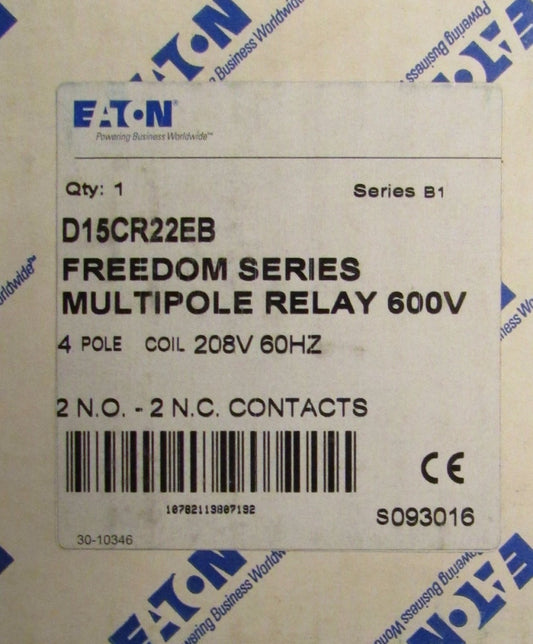 EATON CUTLER HAMMER D15CR22EB 4 Pole 208V Coil Multi Pole 600V Relay 2NO 2NC