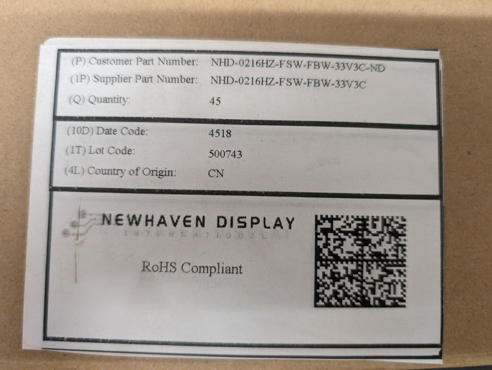 New, Newhaven Display, NHD-0216HZ-FSW-FBW-33V3C, LCD MOD 32DIG 16X2 - Lot of 11