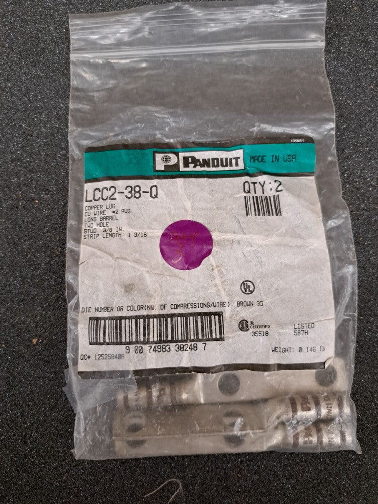 New, Panduit, LCC2-38-Q, CONN TERM RECT TONG 2 AWG #3/8