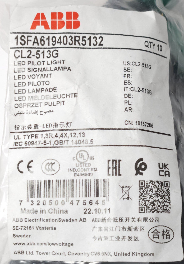 SEALED PACKAGE OF 10 ABB CL2 513G Illuminated Green LED 110-130 VAC Indicating