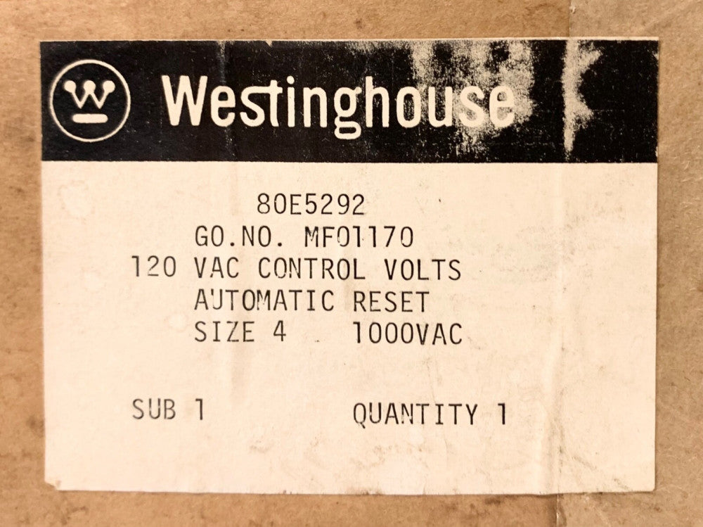WESTINGHOUSE CUTLER HAMMER MF01170 80E5292 Modular Overload Relay 120 VAC Size 4