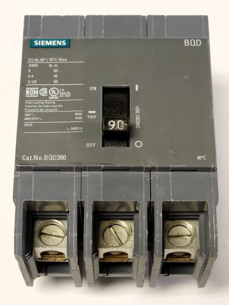 SIEMENS BQD390 3 Pole 90 AMP Type BQD Circuit Breaker