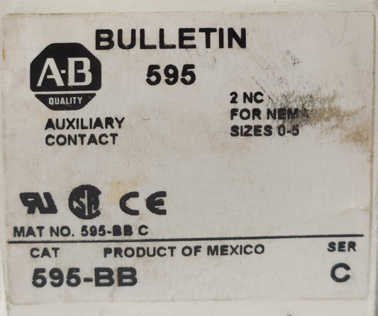 ALLEN BRADLEY 595-BB 2 NC Auxiliary Contact Size 0 to Size 5 595 BB