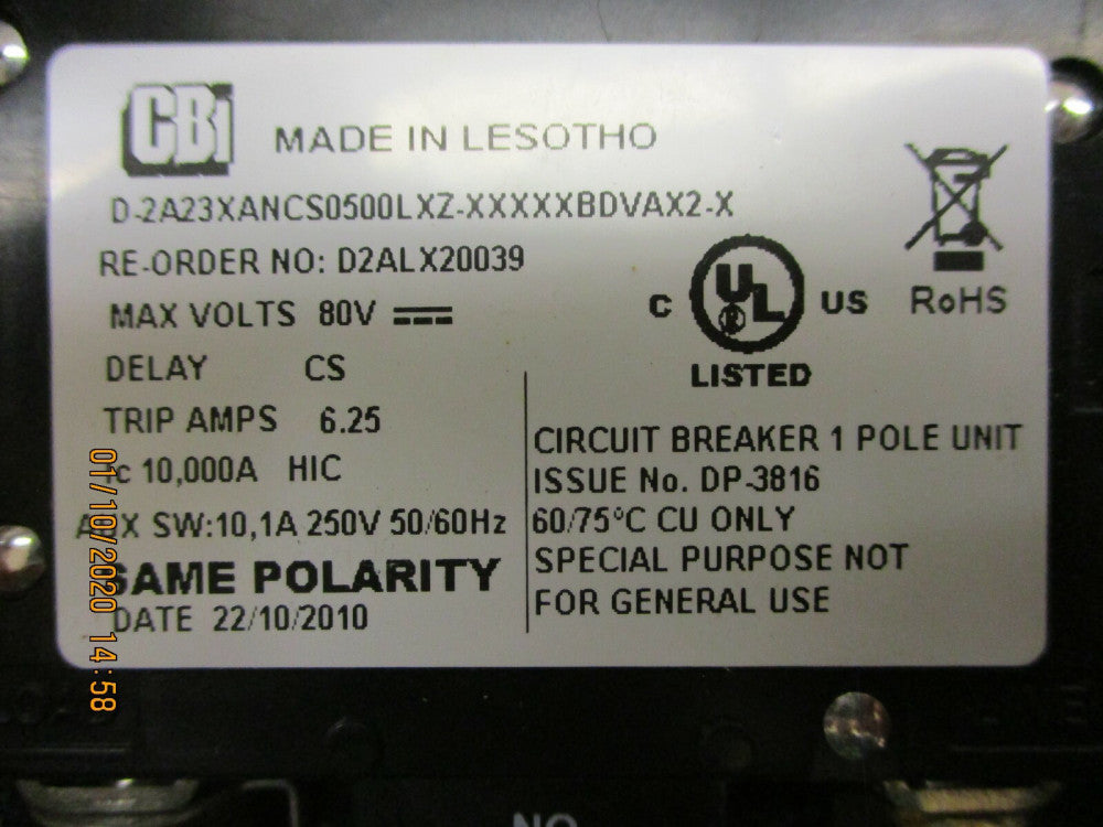 Open Box, CBI Electric - D2ALX20039 - 5A, 1P, 80V, Circuit Breaker