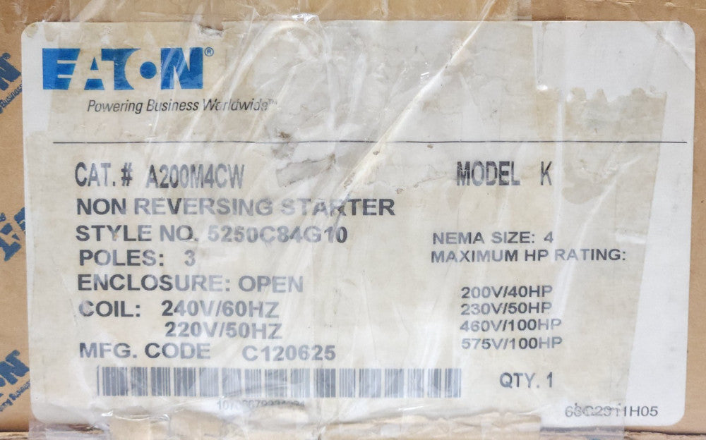 EATON CUTLER HAMMER A200M4CW Size 4 A200 Model K Starter 220 240 VAC