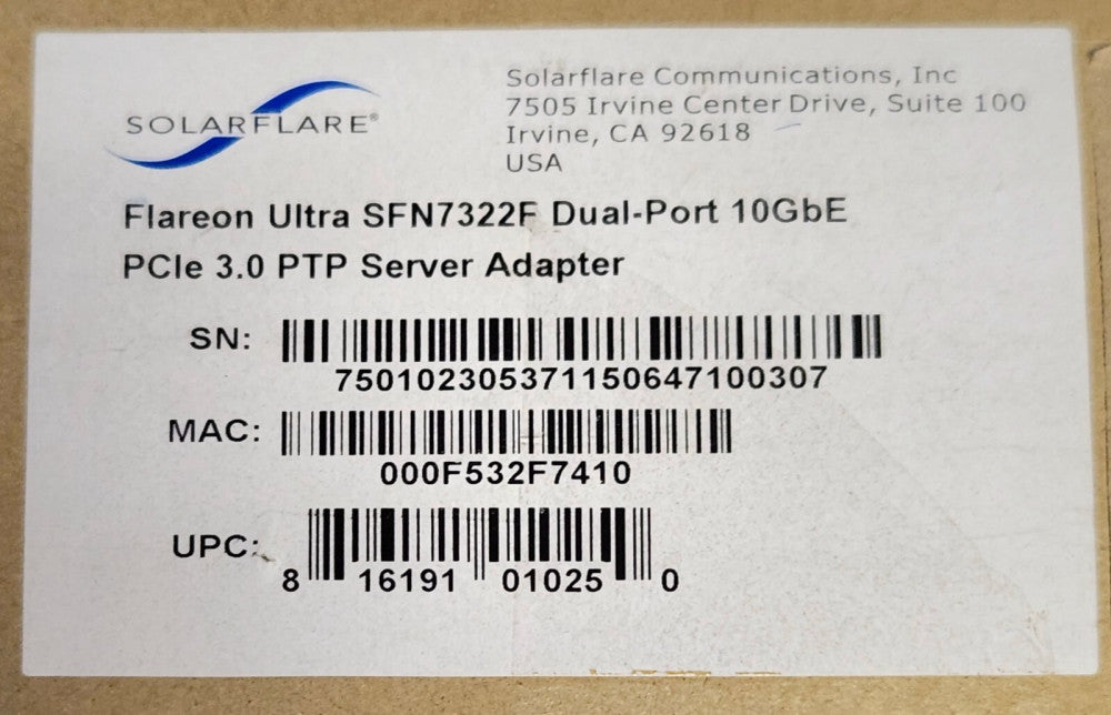 SOLAR FLARE FLAREON ULTRA SFN7322F Dual Port 10 Gbe Pc/e 3.0 PTP Server Adapter