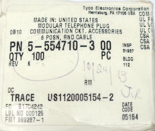 BOX OF 67 TYCO 5 554710 3 00 MODULAR Telephone Plug 6 Position Round Cable TRACE