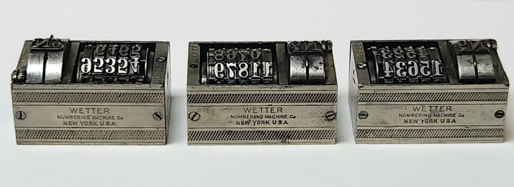 LOT OF 3 WETTER BOSTON MODEL1 Letterpress Numbering Machine Patent Nov. 27 1906