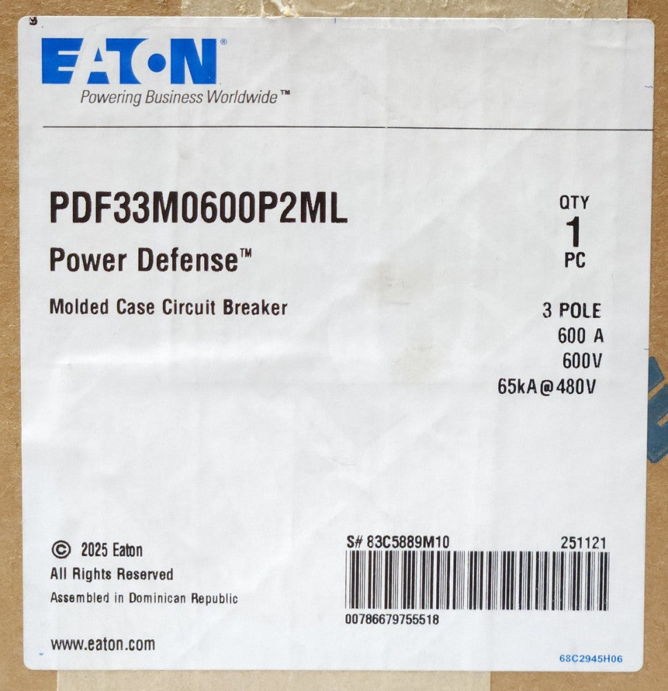 EATON PDF33M0600P2ML 3 Pole 600 AMP POWER DEFENSE PDF3 Circuit Breaker 480 VAC