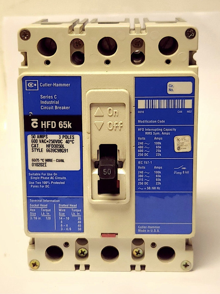 CUTLER HAMMER HFD3050L 3 Pole 50 AMP HFD3050 Circuit Breaker Line Load Lugs