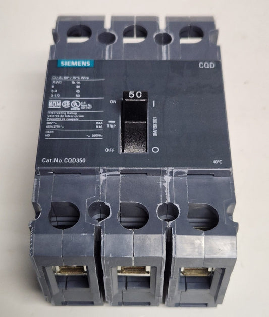 SIEMENS CQD350 3 Pole 50 AMP Type CQD Circuit Breaker DIN Rail MOUNTABLE