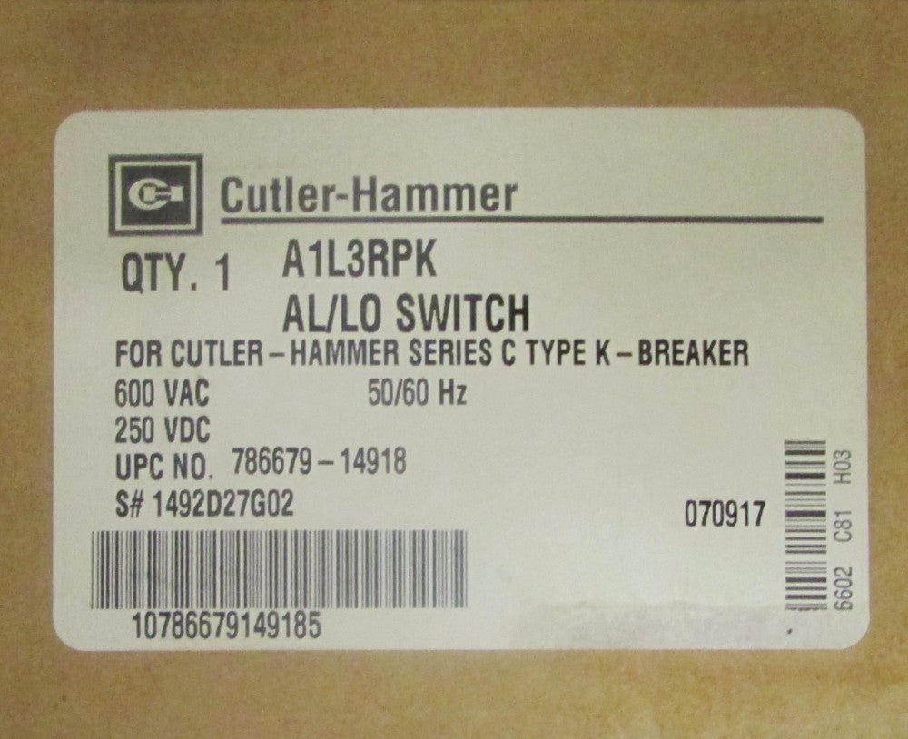 EATON CUTLER HAMMER A1L3RPK AL LO Switch for F Frame Breaker 1492D272G02