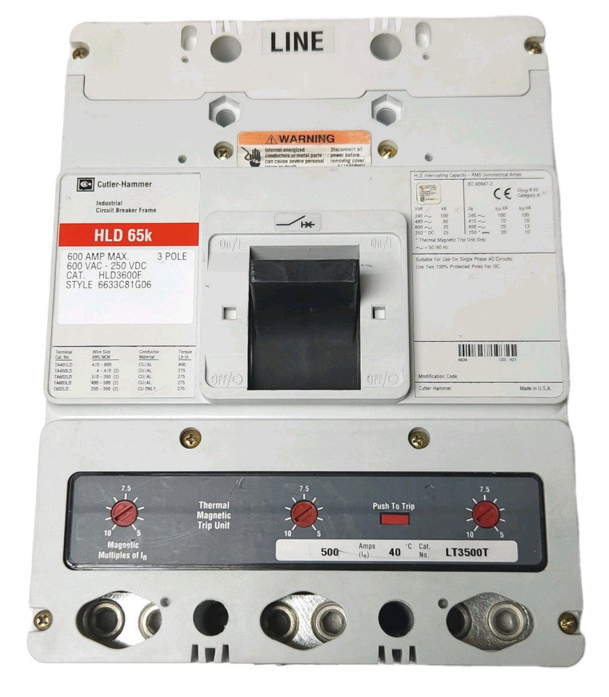 EATON CUTLER HAMMER HLD3500 3 Pole 500 AMP HLD3600F with LT3500T TRIP Unit Type