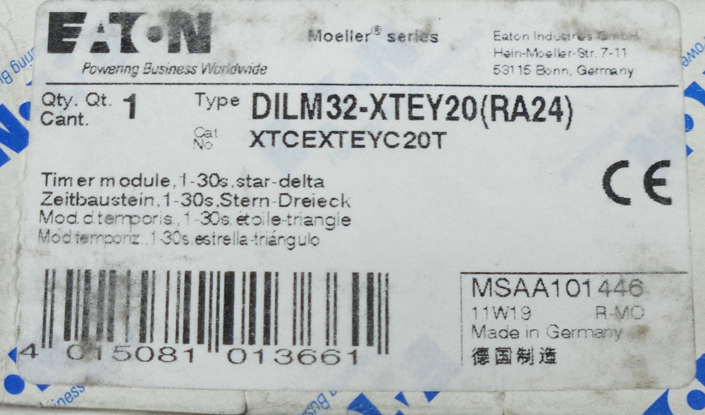 EATON MOELLER DILM32 XTEY20 1 RA24 TIMER MODULE 1 to 30 Second XTCEXTED1C11T
