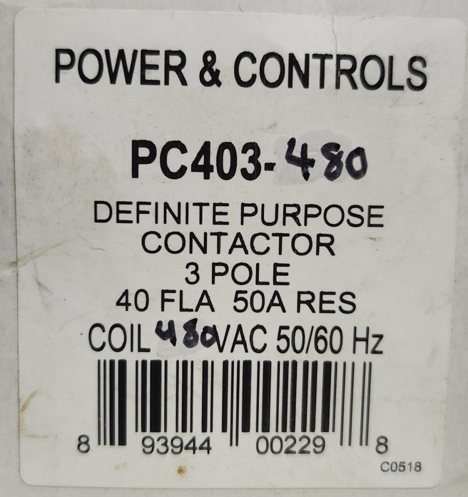 PC POWER & CONTROLS PC403 480 3 Pole 40 AMP 480 VAC Definite Purpose Contactor