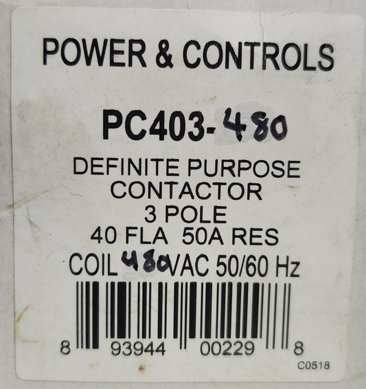 PC POWER & CONTROLS PC403 480 3 Pole 40 AMP 480 VAC Definite Purpose Contactor