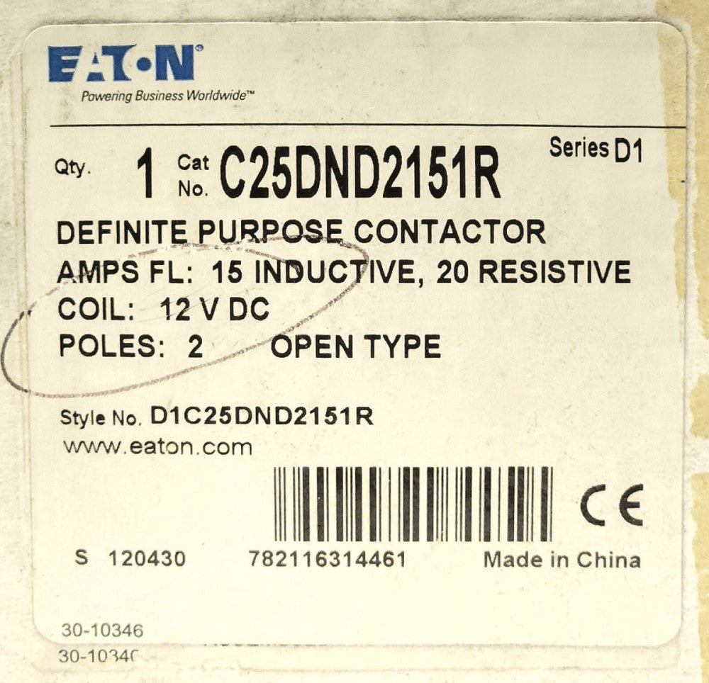 EATON C25DND2151R 2 Pole 15-20 AMP 12 VDC Contactor
