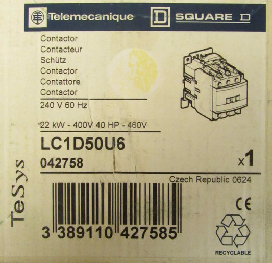 SQUARE D TELEMECANIQUE Contactor 240V 40 HP 3 Pole LC1D50U6