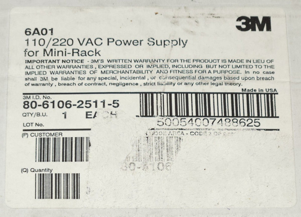 3M 6A01 Mini Rack Power Supply 110/220 VAC 80 6106 2511 5