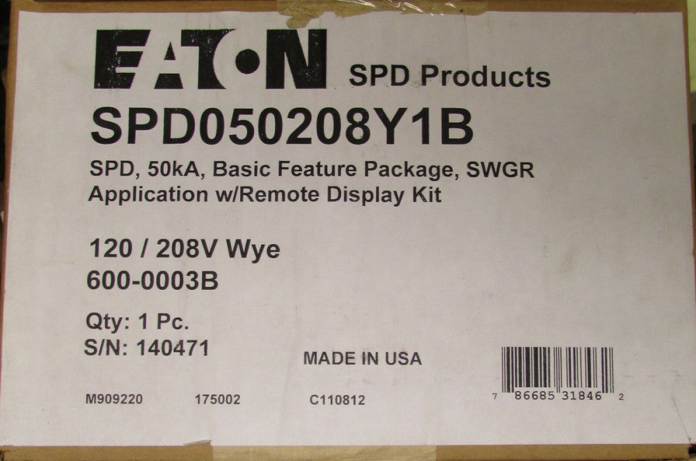 EATON CUTLER HAMMER SPD050208Y1B SPD 50KA Surge Protective Device 600 0003B