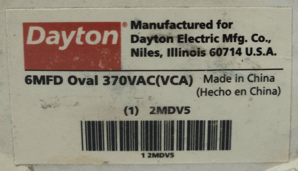 DAYTON 2MDV5 6MFD Oval Capacitor 370 VAC VCA