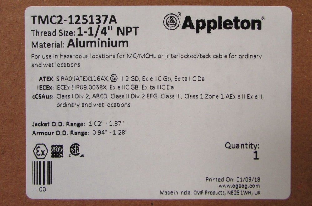 APPLETON TMC2 125137A 1-1/4" NPT CMP Type TMC2 Cable Gland
