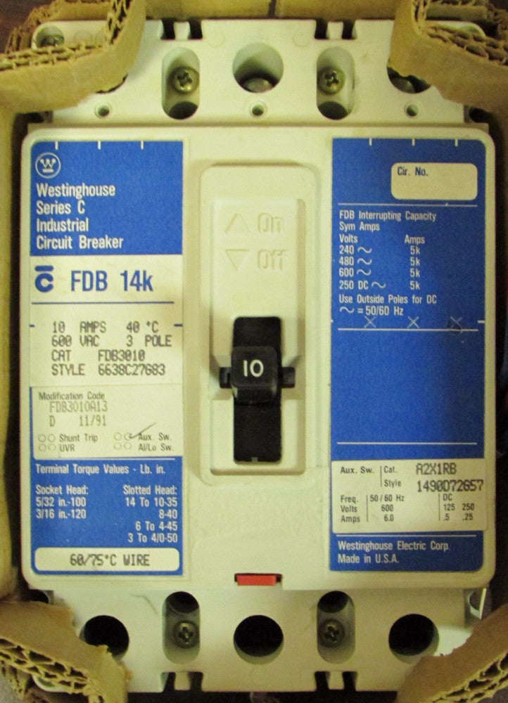 WESTINGHOUSE FDB3010A13 3 Pole 10 Amp FDB Circuit Breaker 2A 2B Auxiliary Switch